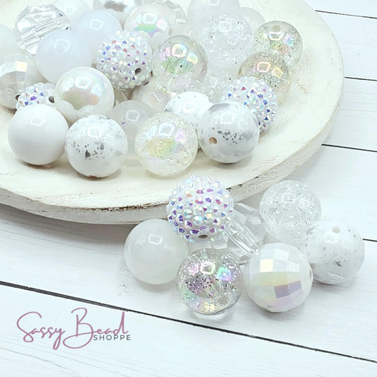 Ice Queen acrylic bead mix ~ beads in white & clear designs for DIY pens, badge reels, wristlets, cookie scribes, and all your jewelry making