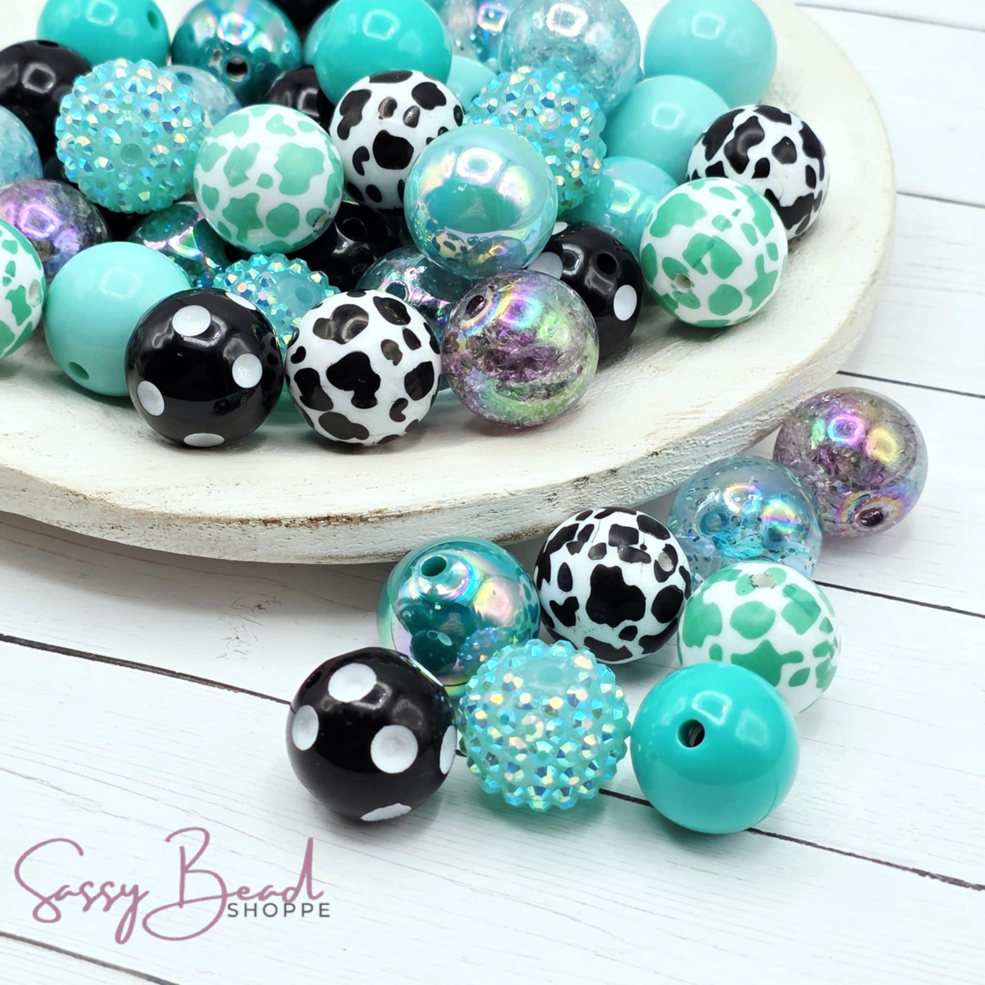 Wild & Country acrylic bead mix ~ beads in shades of turquoise, teal & black designs for DIY pens, badge reels, wristlets, cookie scribes, and all your jewelry making