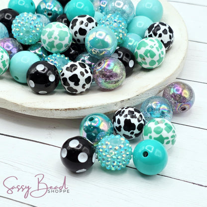 Wild & Country acrylic bead mix ~ beads in shades of turquoise, teal & black designs for DIY pens, badge reels, wristlets, cookie scribes, and all your jewelry making