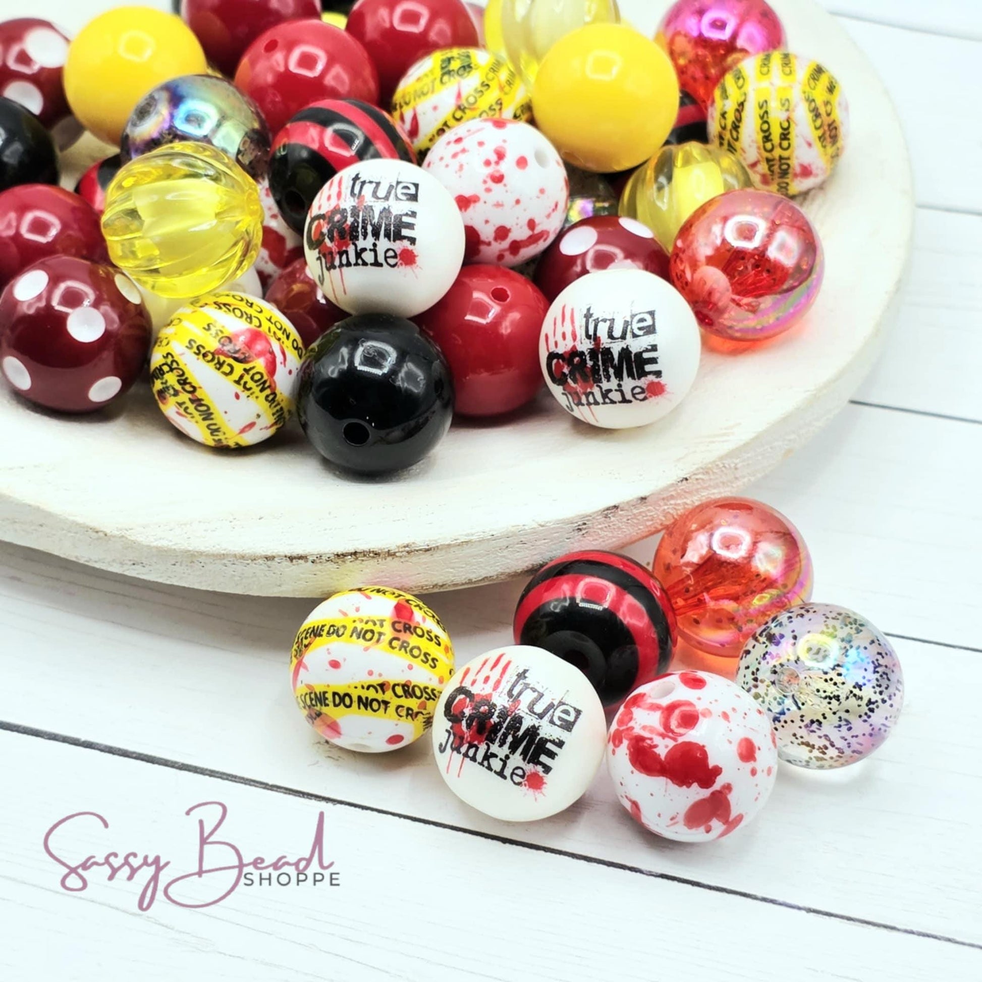 Crime Scene acrylic bead mix ~ beads in red, yellow & black designs for DIY pens, badge reels, wristlets, cookie scribes, and all your jewelry making