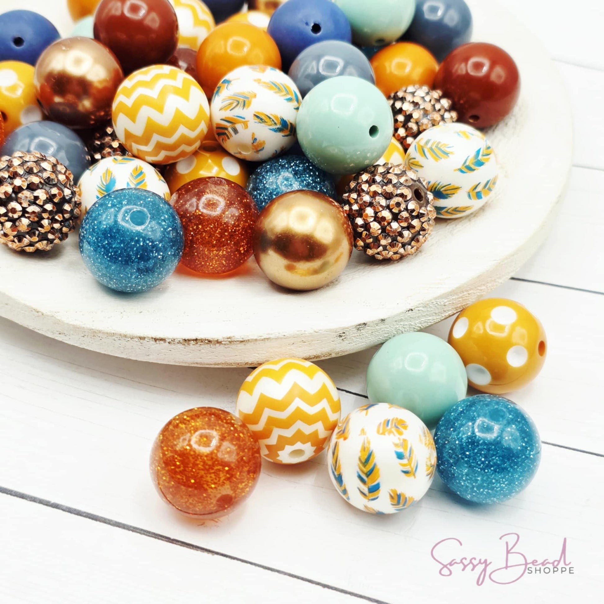 Thankful acrylic bead mix ~ beads in blue, harvest orange, mustard yellow, brown, mint & teal designs for DIY pens, badge reels, wristlets, cookie scribes, and all your jewelry making