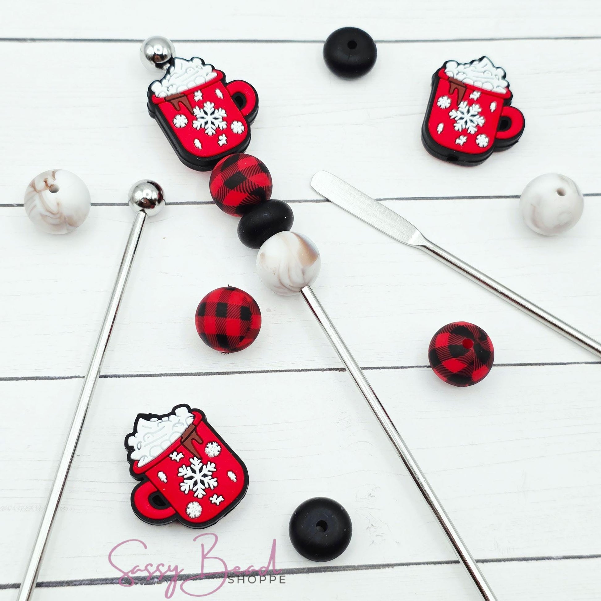 Cozy Cocoa DIY Stir Stick with a fun mix of cozy beads - Snowflake mug with whip cream & red plaid — plus accent beads