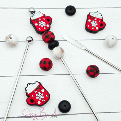 Cozy Cocoa DIY Stir Stick with a fun mix of cozy beads - Snowflake mug with whip cream & red plaid — plus accent beads