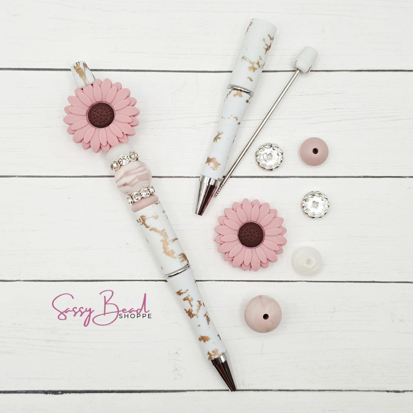 Blush Blooms beadable pen kit with flower focal beads — plus accent beads
