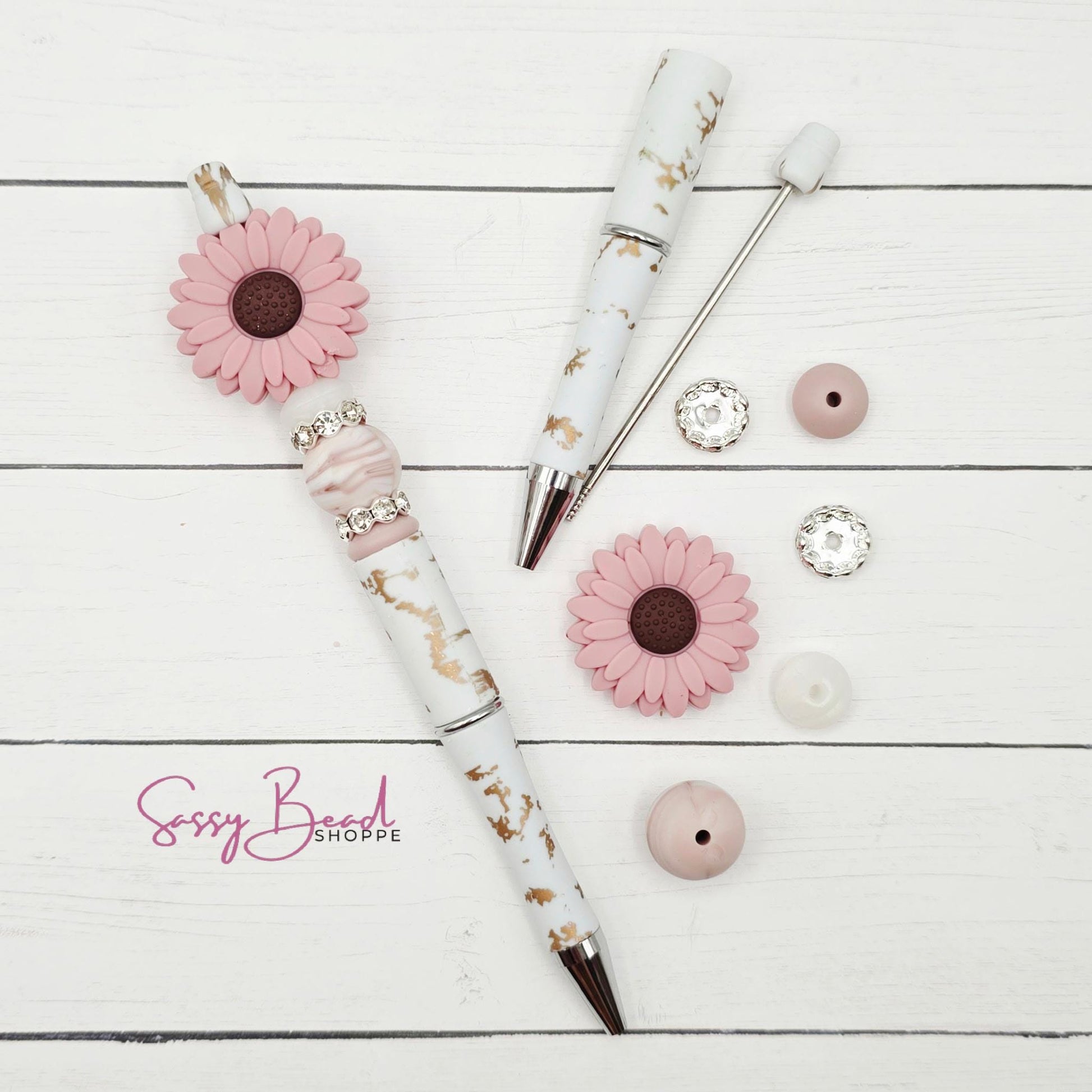 Blush Blooms beadable pen kit with flower focal beads — plus accent beads