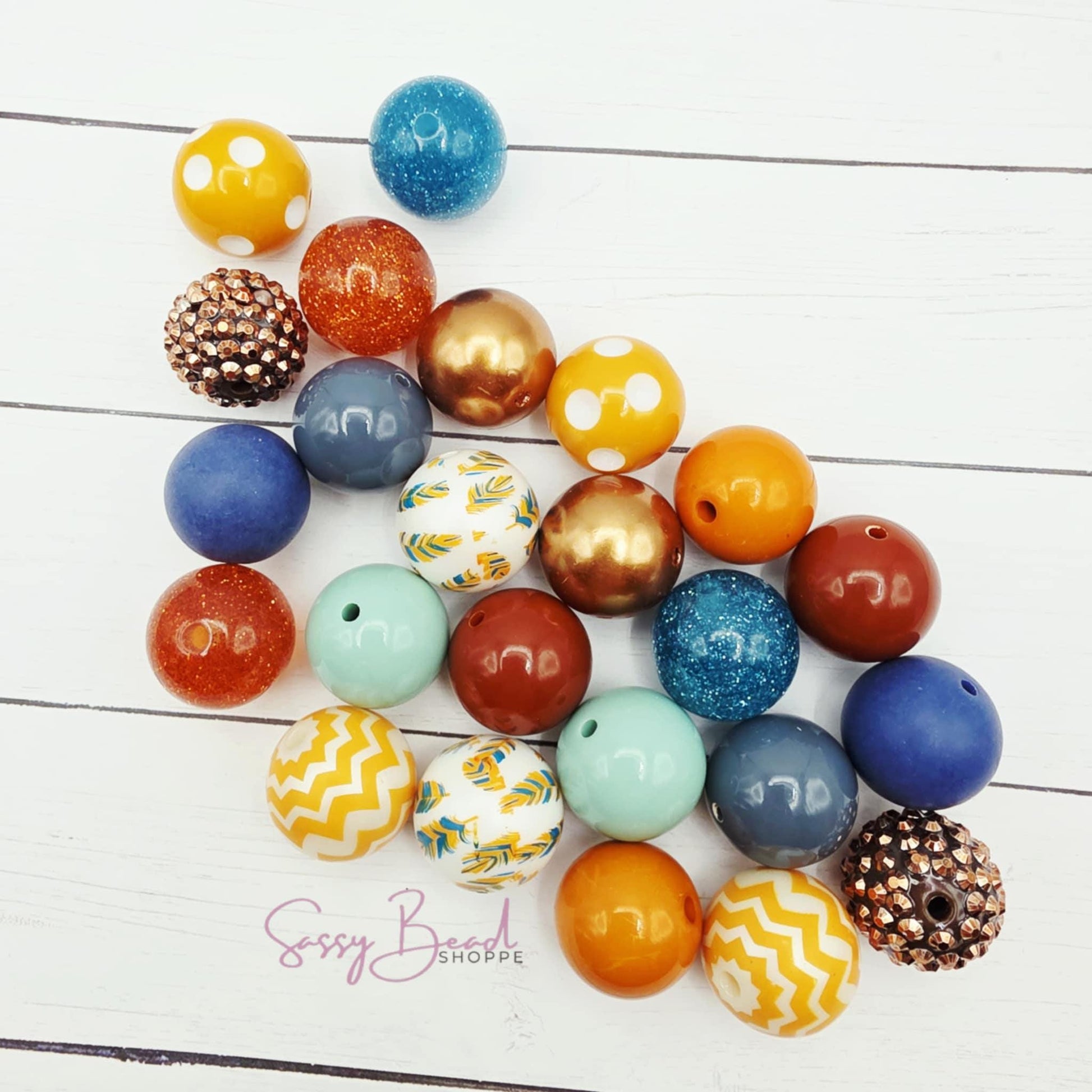 20mm Acrylic bead mix styled flat lay showing beads you will receive, for all your creative craft projects