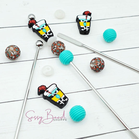 Western Cowgirl DIY Stir Stick with a fun mix of western beads - western ice coffee tumbler & with cowboy hat — plus accent beads