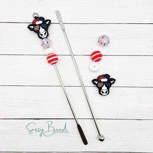 USA Latte DIY Coffee Stir Stick with a fun mix of patriotic beads - USA Cow & star confetti — plus accent beads