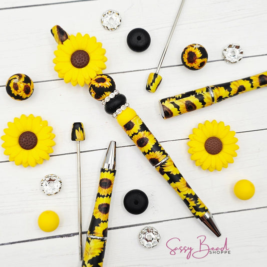 Hello Sunflower close-up of Sunflower-themed silicone beads in floral designs for DIY pen making