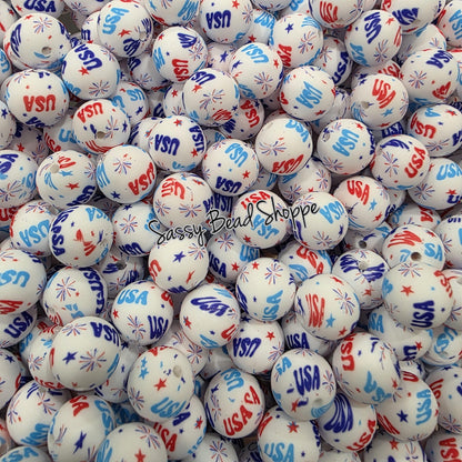 15mm USA Fireworks Silicone Beads, Christmas Print Silicone Beads, Wholesale Silicone Beads, Round Loose Beads