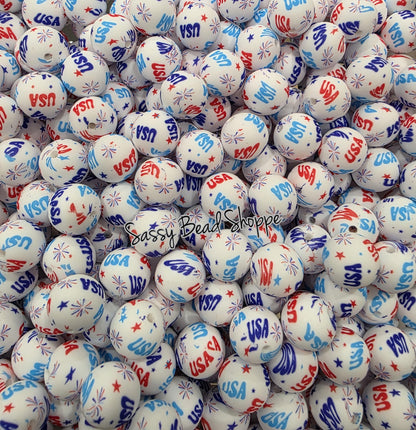 15mm USA Fireworks Silicone Beads, Christmas Print Silicone Beads, Wholesale Silicone Beads, Round Loose Beads