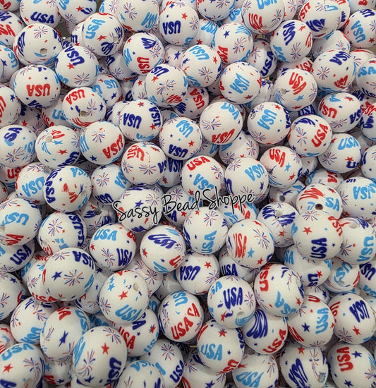 15mm USA Fireworks Silicone Beads, Christmas Print Silicone Beads, Wholesale Silicone Beads, Round Loose Beads