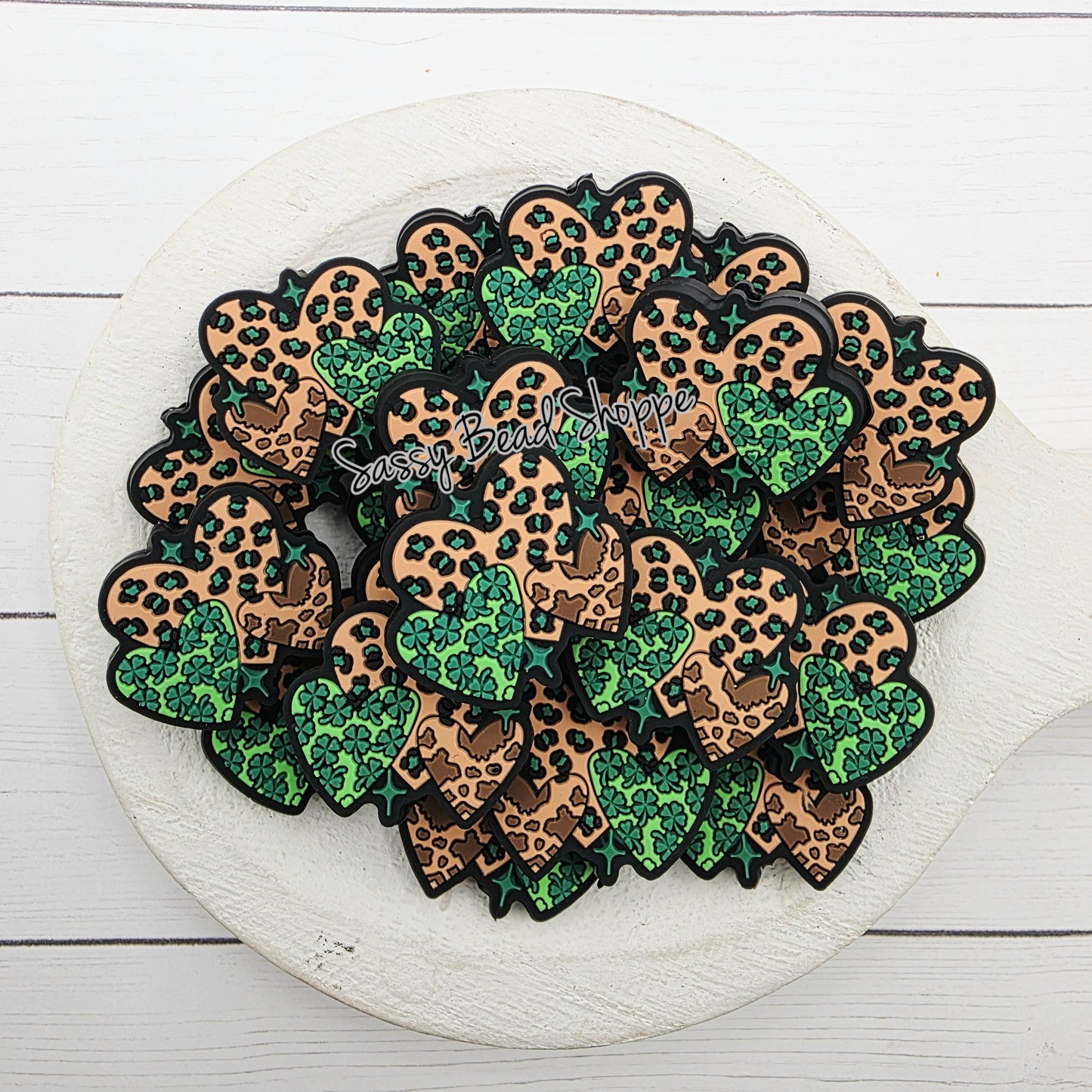 Heart Print Shamrock Focal Bead, Green and Leopard Clover Bead for DIY Keychains, Pens, Jewelry, St. Patrick’s Day Crafts