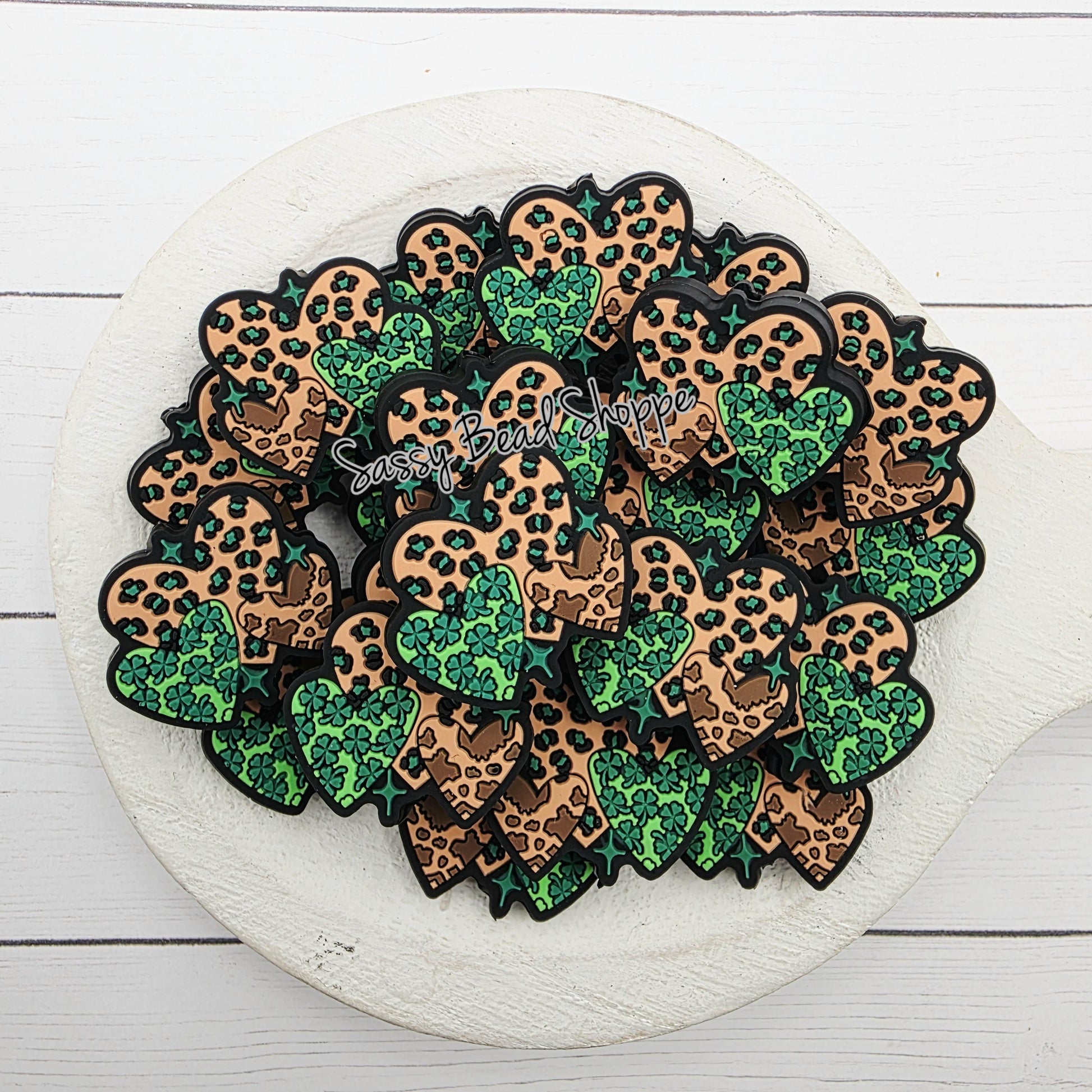 Heart Print Shamrock Focal Bead, Green and Leopard Clover Bead for DIY Keychains, Pens, Jewelry, St. Patrick’s Day Crafts