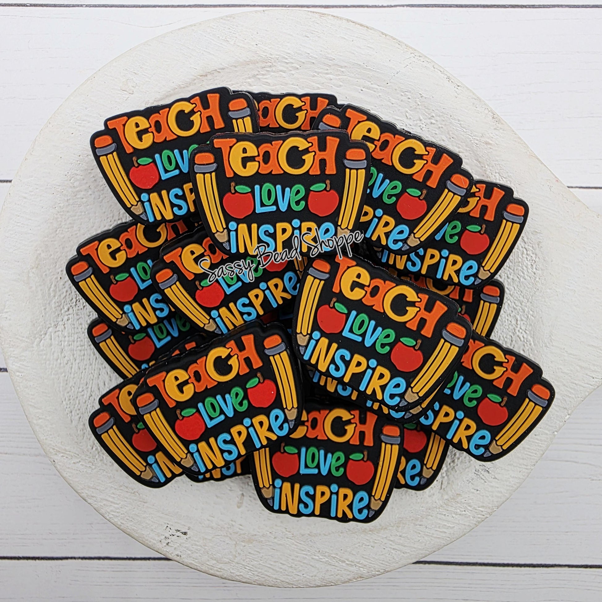 Teach Love Inspire Silicone Focal Bead, Jewelry Making Bead for DIY Pens, Keychains, Bracelets, Wristlets, Tumbler Charms, Cookie Scribes