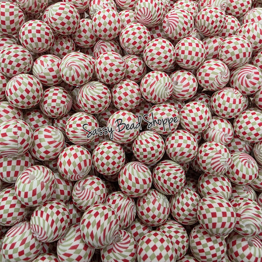15mm Christmas Check Silicone Beads, Christmas Print Silicone Beads, Wholesale Silicone Beads, Round Loose Beads