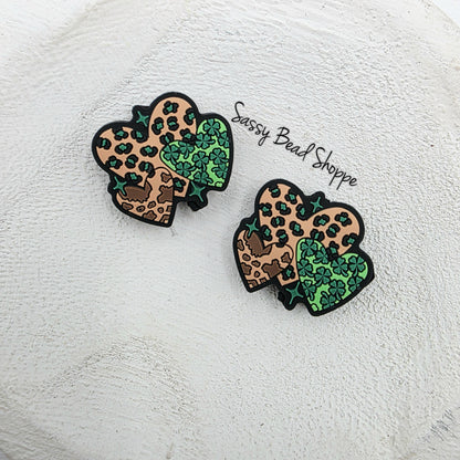 Heart Print Shamrock Focal Bead, Green and Leopard Clover Bead for DIY Keychains, Pens, Jewelry, St. Patrick’s Day Crafts