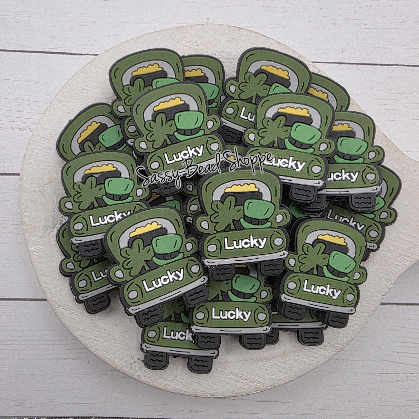 Lucky Truck Focal Bead, Green Shamrock Truck Silicone Bead for St. Patrick’s Day DIY Keychains, Pens, Wristlets, Car Charms