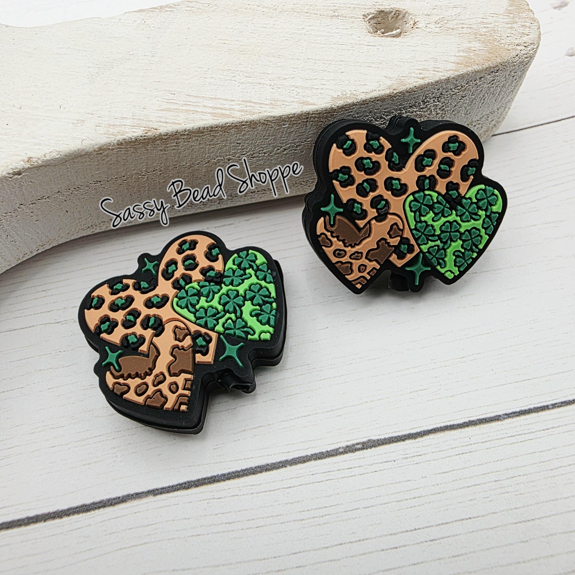 Heart Print Shamrock Focal Bead, Green and Leopard Clover Bead for DIY Keychains, Pens, Jewelry, St. Patrick’s Day Crafts