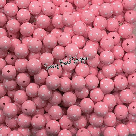 Pink Polka Dot 15mm Silicone Beads, 10 count for Jewelry, Scribes, Craft Projects