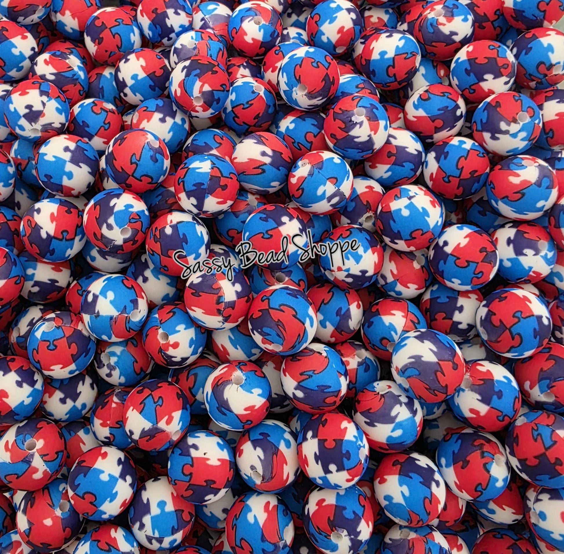 Red White & Blue Puzzle 15mm Silicone Beads, 10 count for DIY Crafts, Jewelry Making, Wristlets, Pens