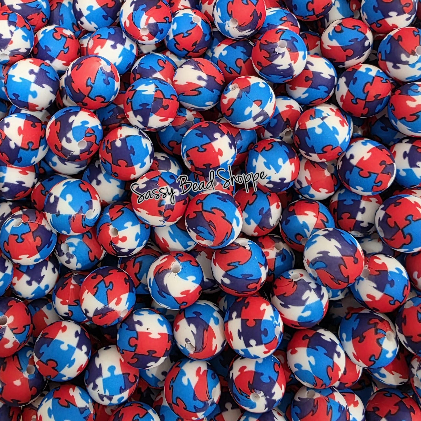 Red White & Blue Puzzle 15mm Silicone Beads, 10 count for DIY Crafts, Jewelry Making, Wristlets, Pens