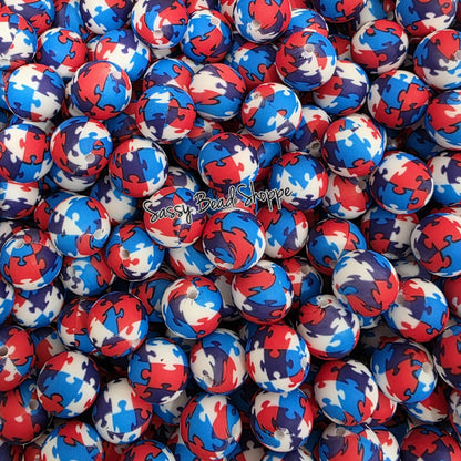 Red White & Blue Puzzle 15mm Silicone Beads, 10 count for DIY Crafts, Jewelry Making, Wristlets, Pens