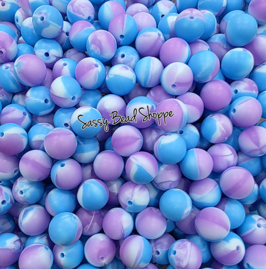 Blue & Purple Swirl 15mm Silicone Beads, 10 count Craft Beads for Jewelry, Cookie Scribes