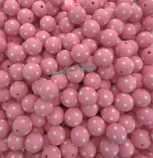 Pink Polka Dot 15mm Silicone Beads, 10 count for Jewelry, Scribes, Craft Projects
