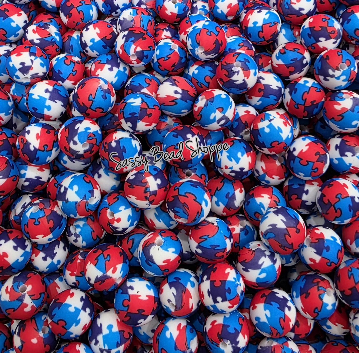 Red White & Blue Puzzle 15mm Silicone Beads, 10 count for DIY Crafts, Jewelry Making, Wristlets, Pens