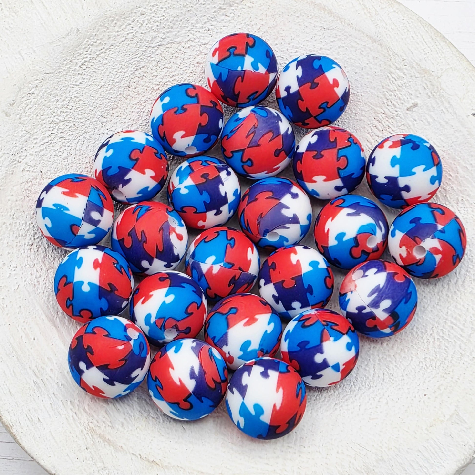 Red White & Blue Puzzle 15mm Silicone Beads, 10 Count for Pens, Keychains, Jewelry Making and DIY Crafts