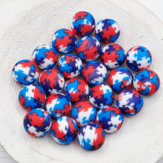 Red White & Blue Puzzle 15mm Silicone Beads, 10 Count for Pens, Keychains, Jewelry Making and DIY Crafts