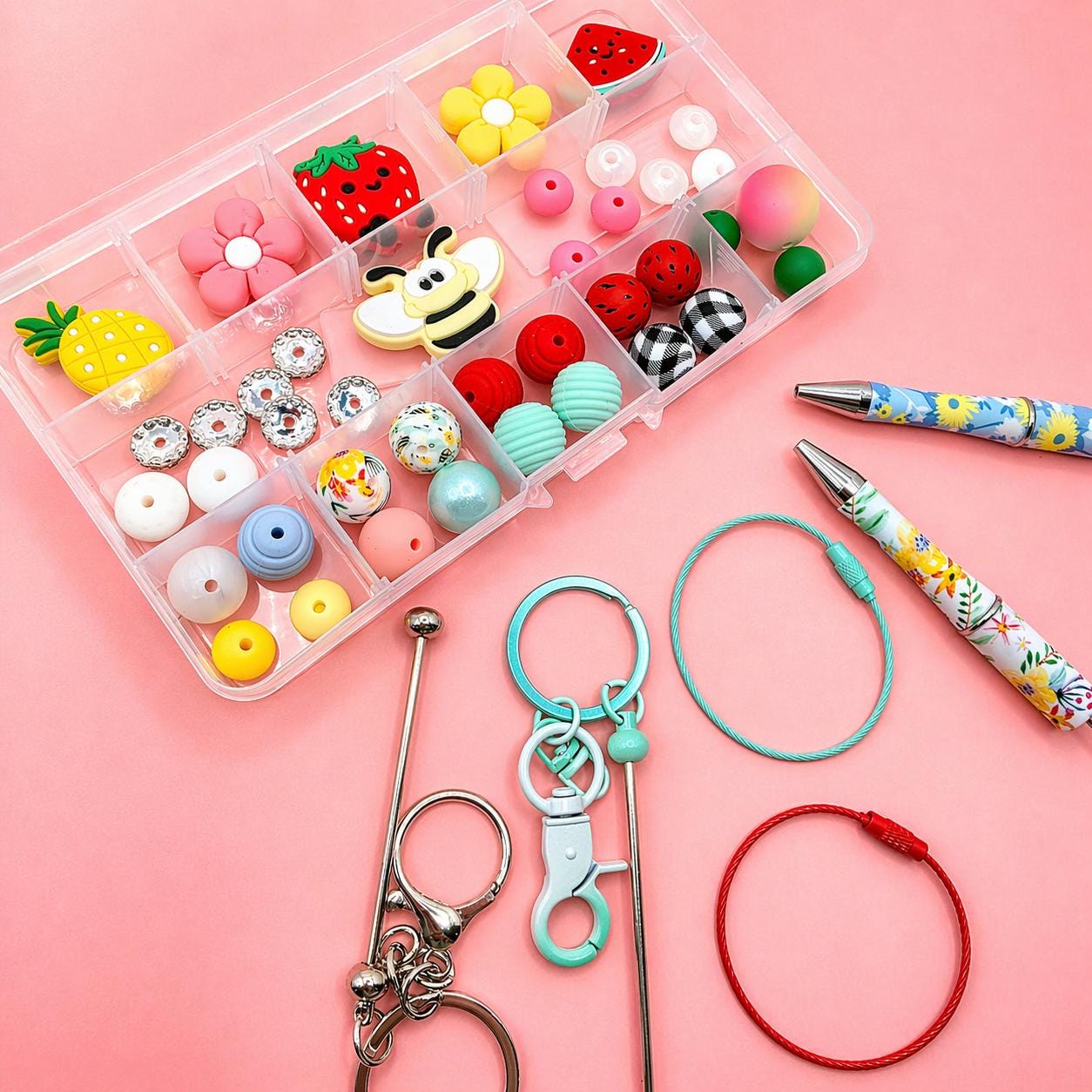 Summer Squeeze Bead Craft Kit, Beadable Keychains, Beaded Pens, DIY Craft, Focal Beads