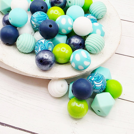 Aqua Pop 15mm Silicone Bead Mix Set of 24 ~ Beads for Pens & DIY Craft Projects
