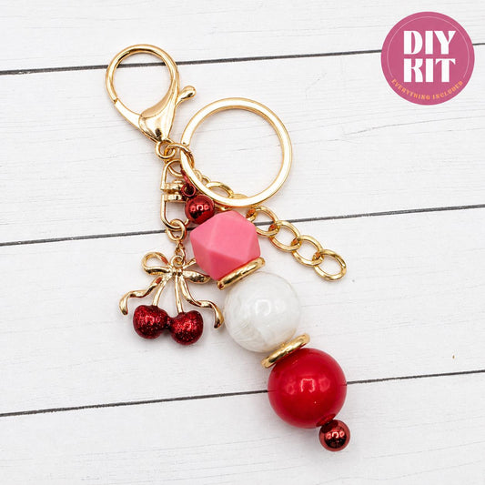 Cherry Luxe Bag Charm DIY Kit, Purse Charm Kit, Beaded Keychain Charm, Cherry Charm Kit