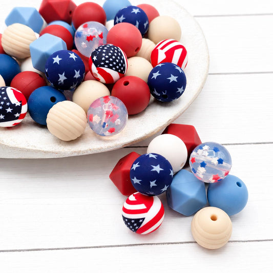 Americana Dreams Silicone Bead Mix ~ 15mm Set of 24 for Scribes & Keychains