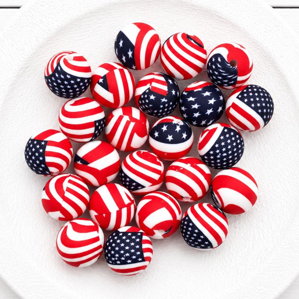 Patriotic Print Silicone Bead | 15mm Red White, Blue Bead Silicone Beads, 10 count for DIY Keychain, Cookie Scribes, Necklace & Bracelet