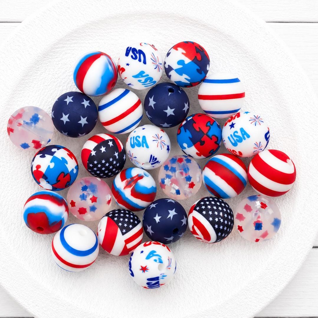 Patriotic Print Silicone Bead | 15mm Red White, Blue Bead Silicone Beads, 10 count for DIY Keychain, Cookie Scribes, Necklace & Bracelet