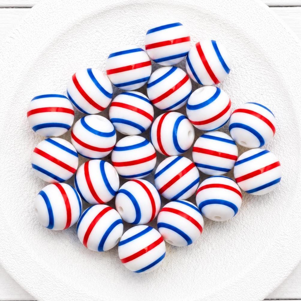 Patriotic Print Silicone Bead | 15mm Red White, Blue Bead Silicone Beads, 10 count for DIY Keychain, Cookie Scribes, Necklace & Bracelet