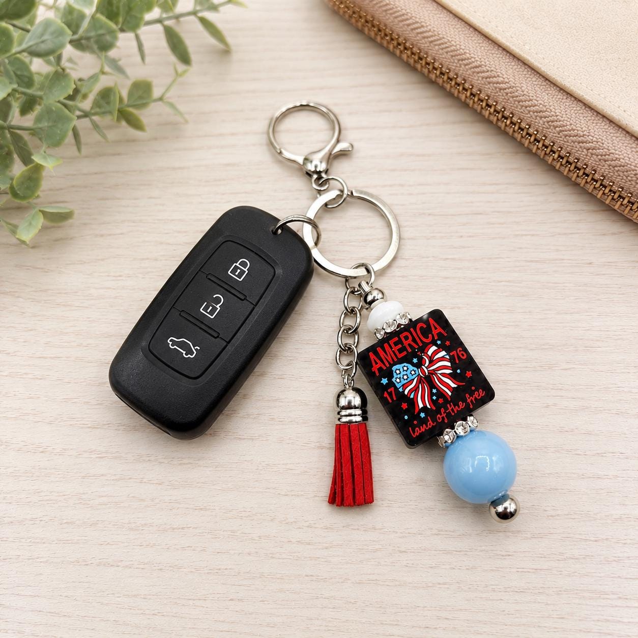 Americana Charm Keychain DIY Kit, Purse Charm Kit, Beaded Bag Charm, Bow Charm Kit