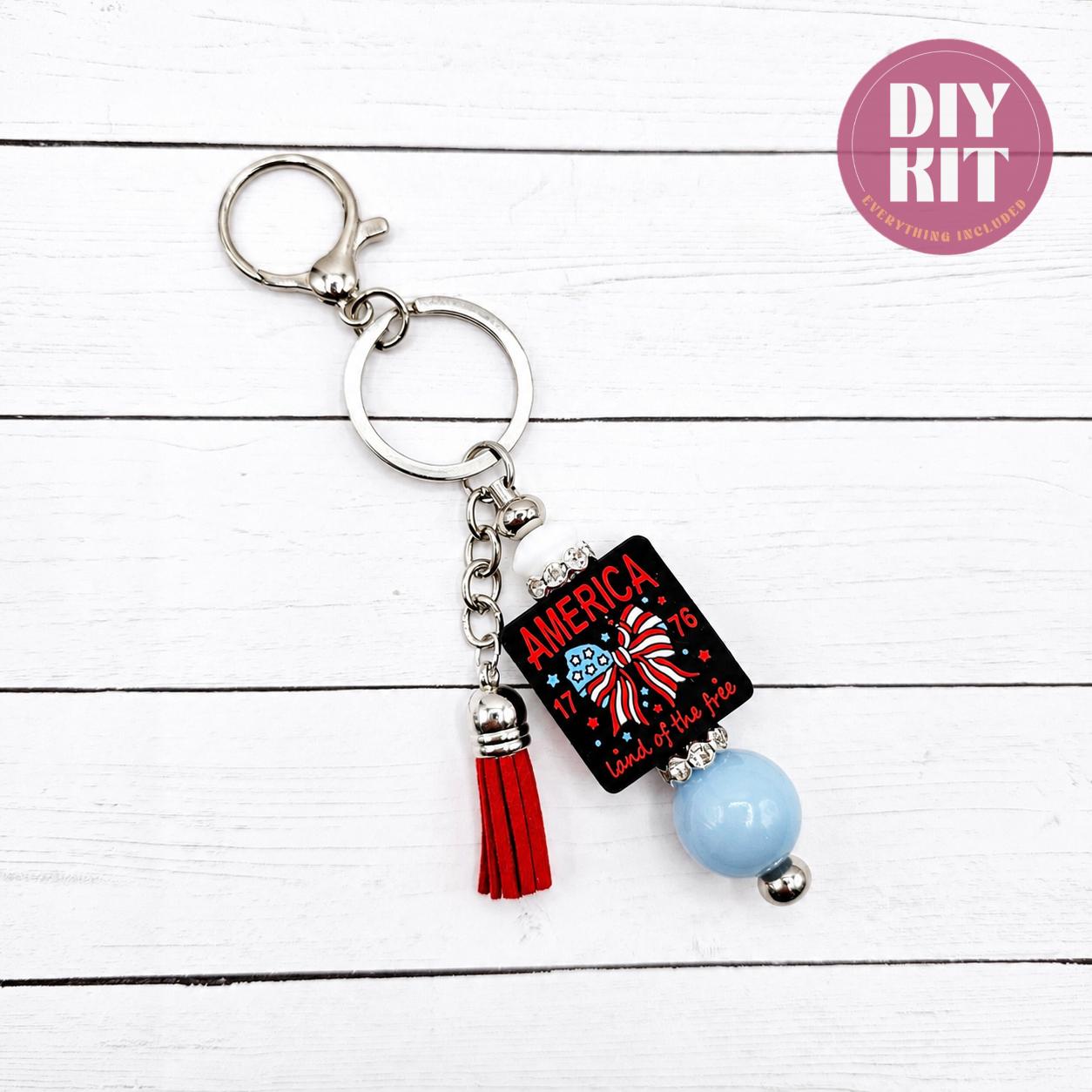 Americana Charm Keychain DIY Kit, Purse Charm Kit, Beaded Bag Charm, Bow Charm Kit