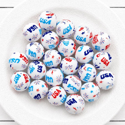 Patriotic Print Silicone Bead | 15mm Red White, Blue Bead Silicone Beads, 10 count for DIY Keychain, Cookie Scribes, Necklace & Bracelet