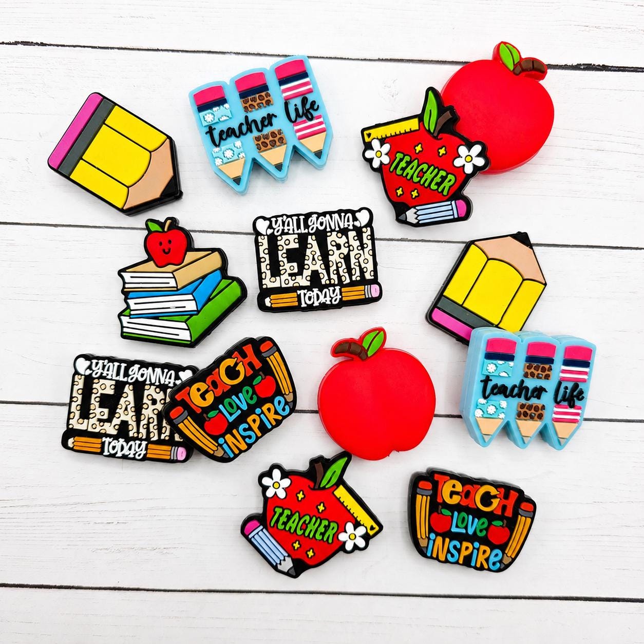 Teacher Silicone Focal Bead Mix, Focal Bead Mix, Assorted Silicone Focal Beads, BULK Focal Silicone Beads, Beadable Pens, Keychain, Wristlet