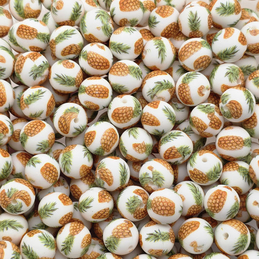 15mm Pineapple Silicone Beads, 10 Count, Tropical Printed Beads for Beadable Pens, Keychains & DIY Crafts