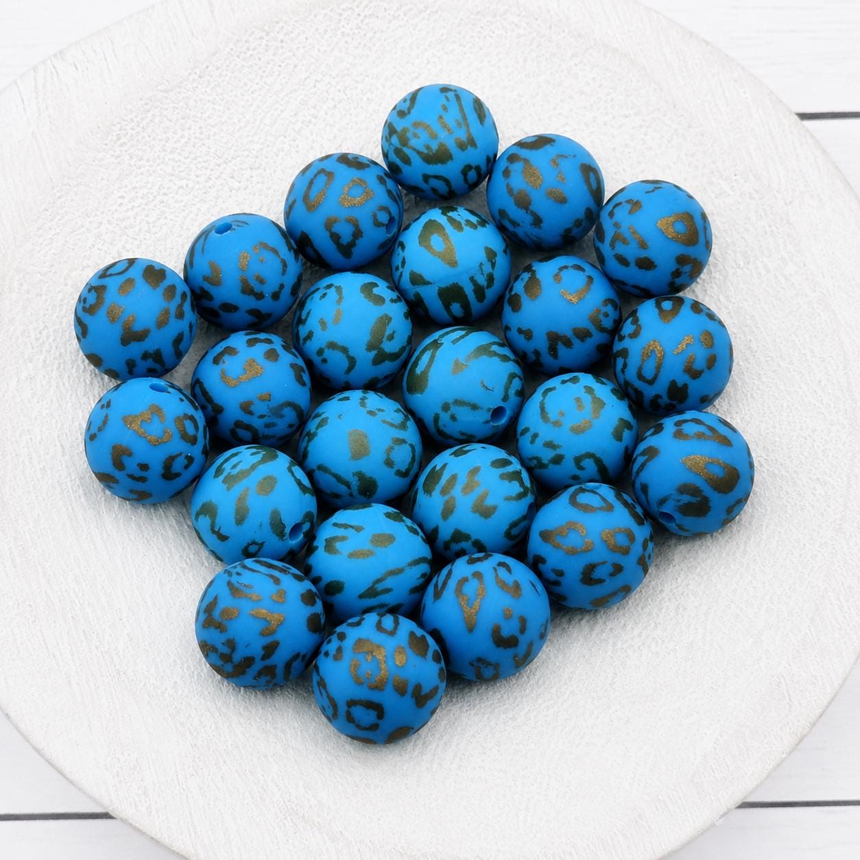 Golden Blue Leopard 15mm Silicone Beads, 10 Count, Printed Silicone Beads for Beadable Pens, Keychains & Wristlets