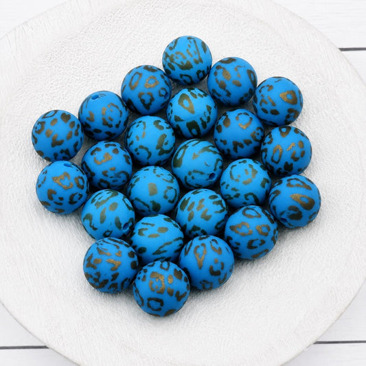Golden Blue Leopard 15mm Silicone Beads, 10 Count, Printed Silicone Beads for Beadable Pens, Keychains & Wristlets
