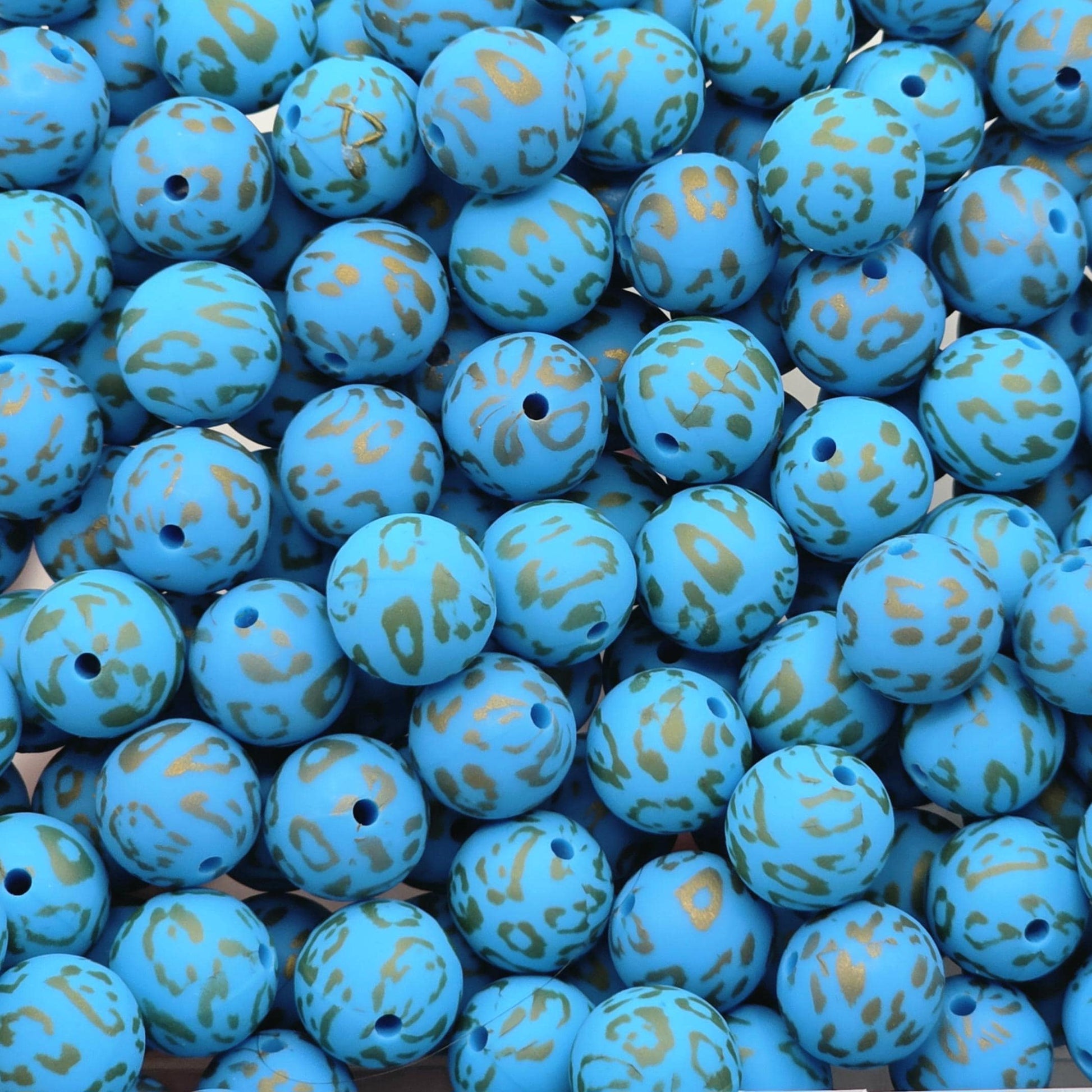 Golden Blue Leopard 15mm Silicone Beads, 10 Count, Printed Silicone Beads for Beadable Pens, Keychains & Wristlets