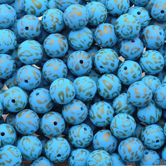 Golden Blue Leopard 15mm Silicone Beads, 10 Count, Printed Silicone Beads for Beadable Pens, Keychains & Wristlets