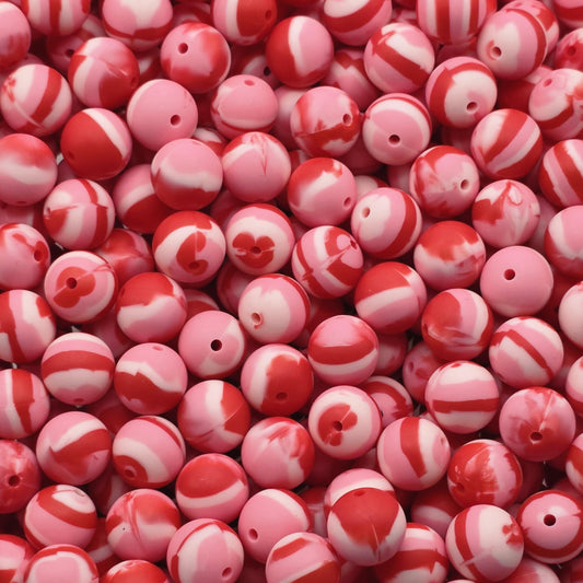 Pink & Red Swirl 15mm Silicone Beads, 10 Count, Printed Silicone Beads for Beadable Pens, Keychains and Wristlets