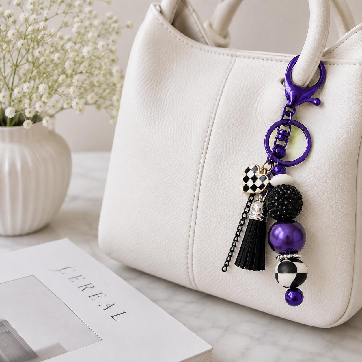 Spellbound Bag Charm, Purple Bag Charm, Beaded Purse Charm, Halloween Bag Accessory, Gothic Keychain Charm